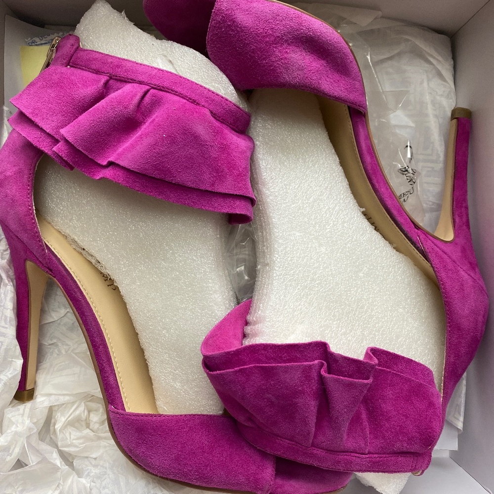 Ivanka Trump pink suede ruffled heels